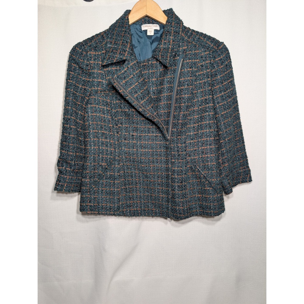 Coldwater Creek Ribbon Boucle Zip Wool‎ Blend Jacket 12 Green Plaid Tweed Retro